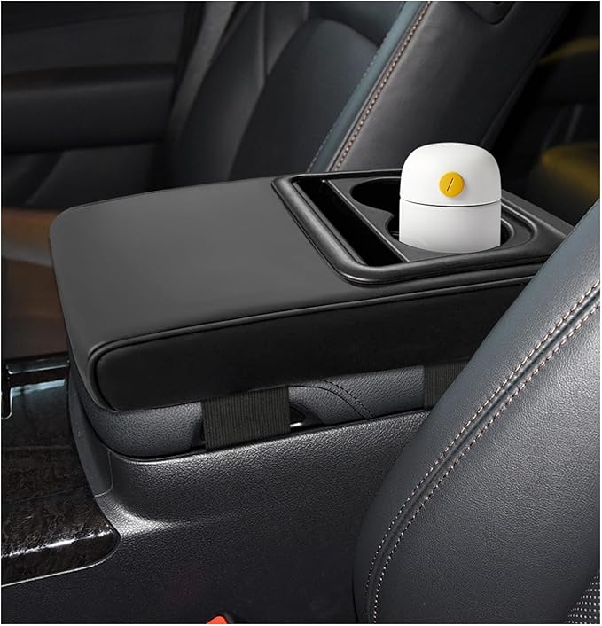 Car Center Console Armrest Pillow, Waterproof Leather Armrest Cushion with Cup Holder & Phone Holder, Memory Foam Arm Rest Box Cover Protector with Storage Bag for Most Cars (Black)