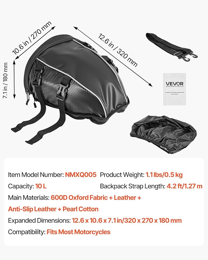 VEVOR Motorcycle Tail Bag 10L, Waterproof Rear Seat Bag with Rain Cover, Durable Oxford Fabric Luggage for Outdoor Sports & Motorbike, Detachable Shoulder Strap for Saddlebag/Touring/Riding, Black
