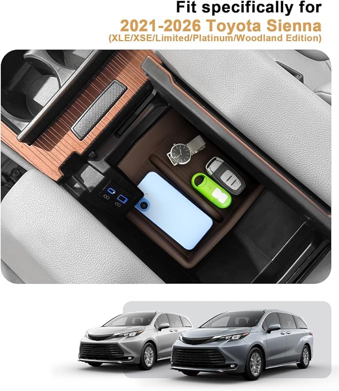 ECOZEN 2026 Toyota Sienna Center Console Organizer - Double-Layer Silicone Center Console Armrest Box Organizer For 2021-2026 Sienna(XLE/XSE/Limited/Platinum/Woodland Edition) Accessories(Brown)