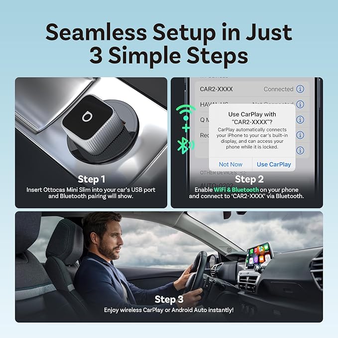 OTTOCAST 2026 Upgrade Mini Slim 3.0, 2-in-1 Wireless CarPlay & Android Auto Adapter, Plug & Play Dongle, Fast Auto-Reconnect, Dual-Band 5Ghz, for Cars with Wired CarPlay & Android auto (Silver)