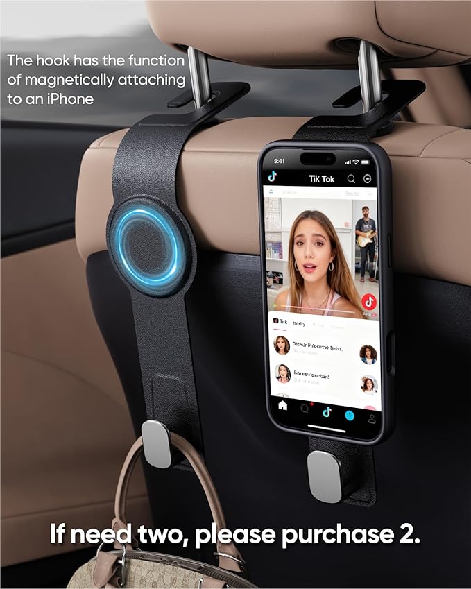 Car Headrest Hook with Swivel Magnet Phone Holder for Magsafe, 2-in-1 Double Hooks Hanger for Purse Bag, 360° Rotating Hands-Free Car Accessories for Handbag Coat Umbrella(1 Pack Black)