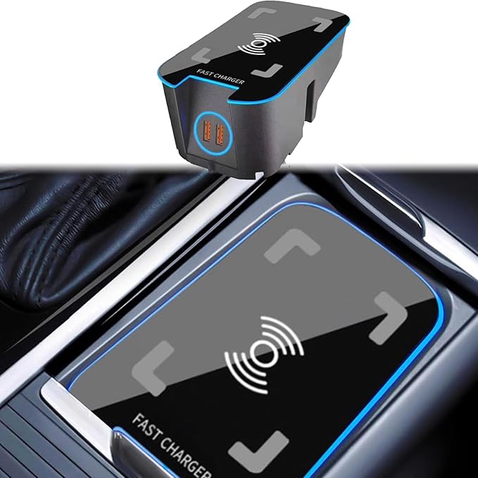 Wireless Car Charger Compatible with Volvo XC90 XC60 S90 S60 V90 V60 2024-2016, Center Console Accessory Panel, 15W Qi Fast Charging with USB QC3.0 Ports