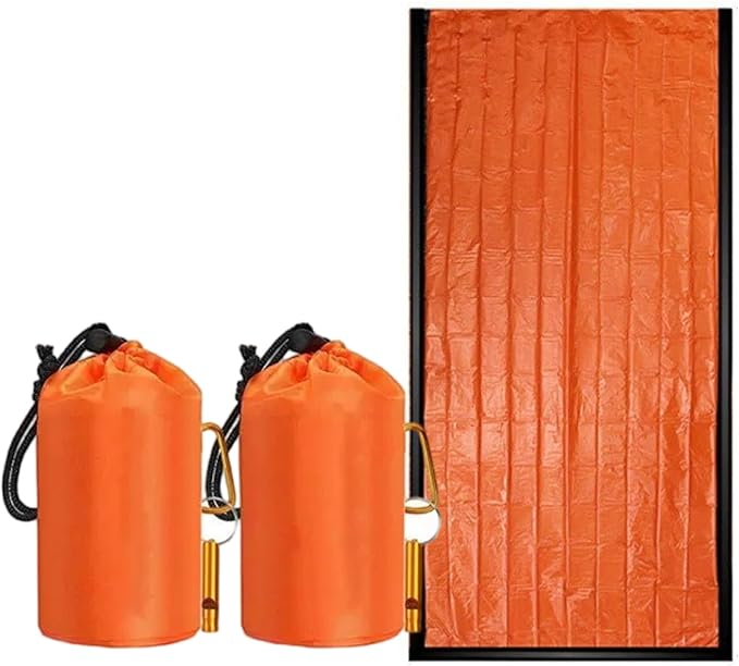 Waterproof Emergency Sleeping Bag with Whistle, 2 Pack Mylar Thermal Bivy Sack for Survival, Camping, Hiking with Emergency Blankets, Survival Kit Supplies