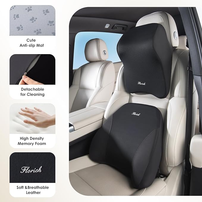 FLORICH Car Neck Pillow and Lumbar Support, Lumbar Support and Headrest Pillow for Car Seat Driver, Memory Foam Back Neck Support Pillow and Car Seat Back Support for Car Office Chair - Black