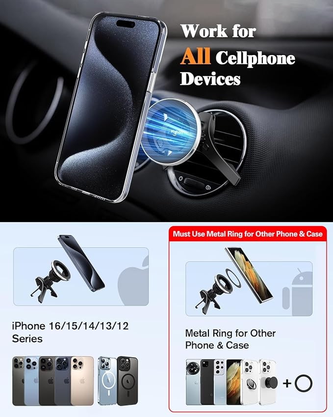 volport for Magsafe Car Mount [Air Vent & Dashboard]: Magnetic Phone Holder for Round/Horizontal/Vertical Vent, Strong Magnet for iPhone 16 15 14 13 12 Pro Max Plus Samsung S24 Ultra Cell Phone Case