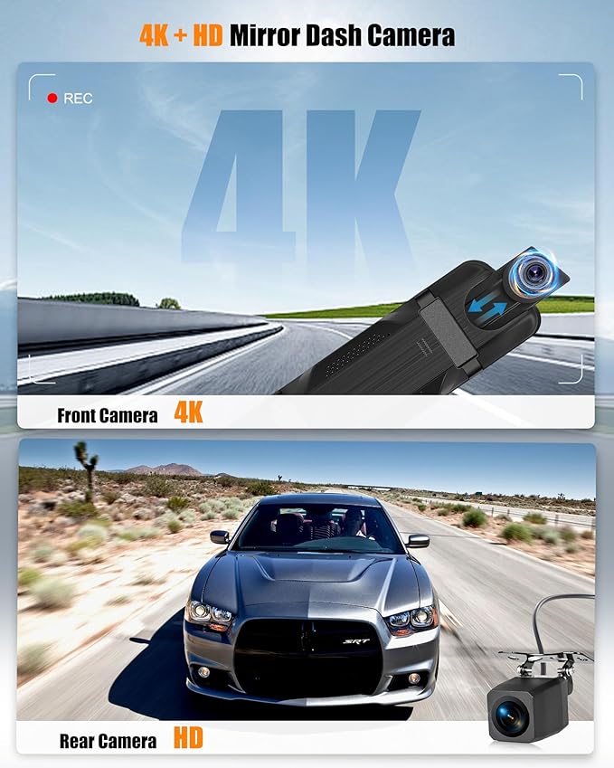 CAMECHO 4K Mirror Dash Cam Front and Rear, WiFi Rear View Mirror Camera, 9.66" Full Touch Screen, Dash Camera for Cars, Night Vision, G-Sensor, Loop Recording, Reverse Assist