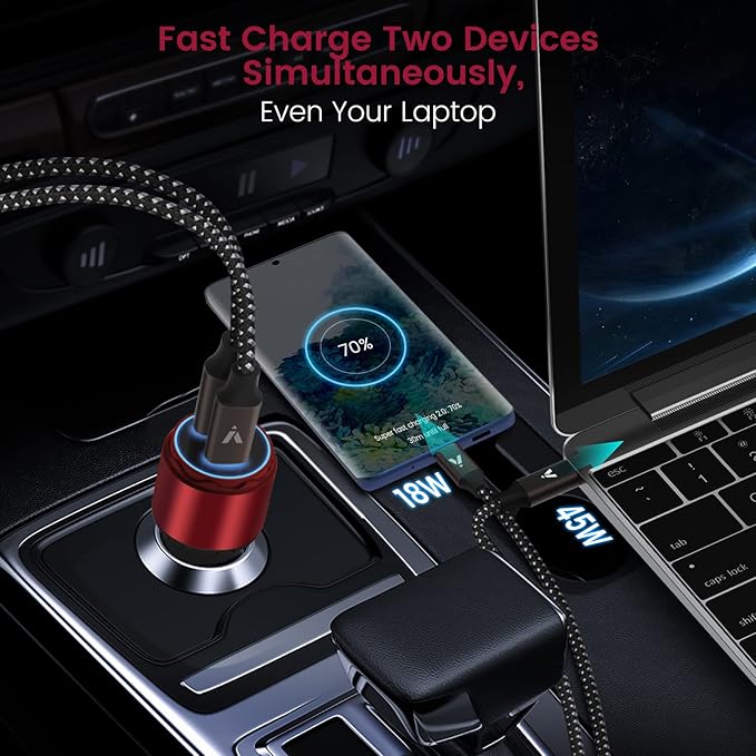 VELOGK Super Fast Type C Car Charger [73W Turbo], Fast Adaptive 55W 45W PPS/PD&QC3.0 USB C Car Adapter[Super Fast Charging 2.0]for Samsung S26/S25 Ultra/S24 Ultra/S23 Ultra/S22+/S21/S20, iPad Pro(Red)