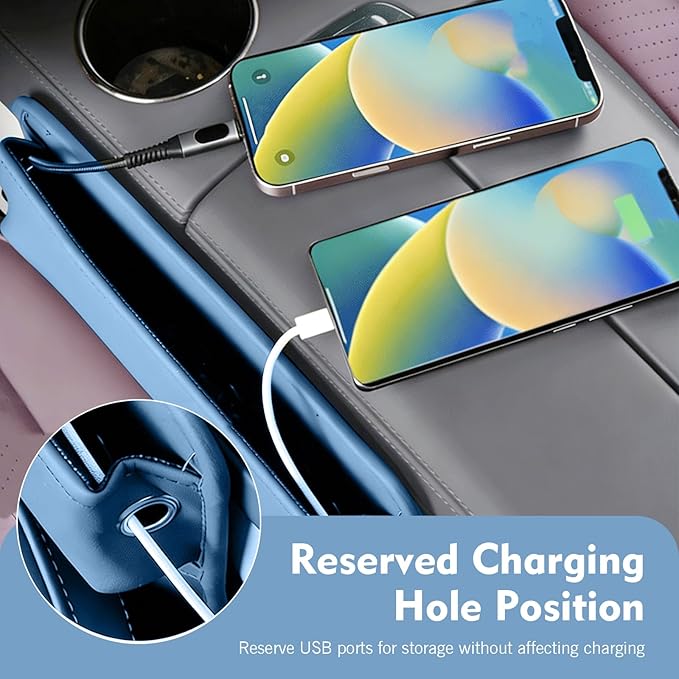 Leather Car Seat Gap Filler, Waterproof Anti-Slip Side Storage Pouch for Phones Keys Glasses Cards, Universal for Most Cars, SUVs, Trucks (Blue)