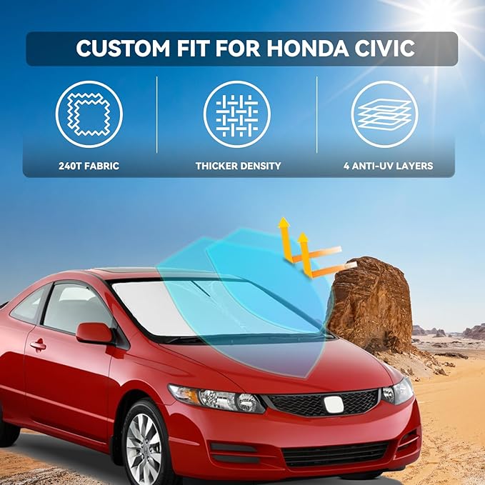 for Honda Civic 2006-2011 Windshield Sun Shade - 4 Layers Car Sunshades for Front Windows Shade Cover Custom Fit Civic Sun Visor 250T Retractable Shade Blocks UV Rays Car Accessories