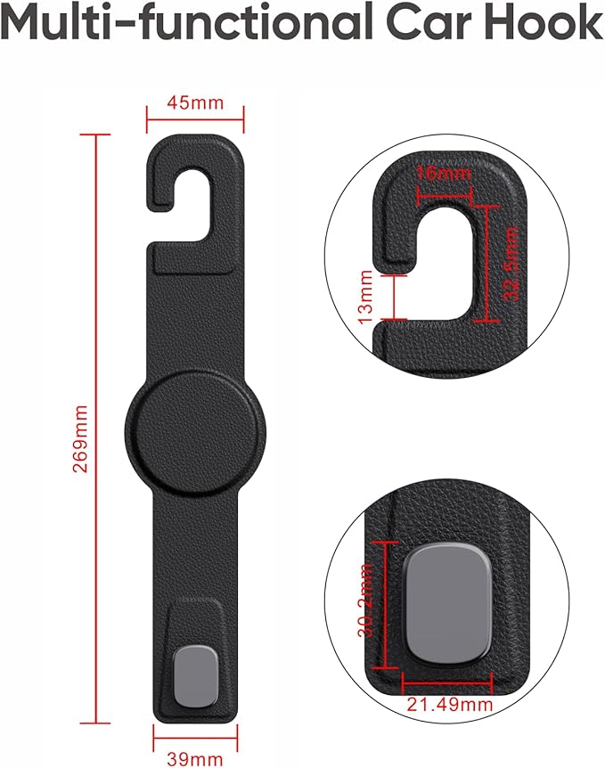 Car Headrest Hook with Swivel Magnet Phone Holder for Magsafe, 2-in-1 Double Hooks Hanger for Purse Bag, 360° Rotating Hands-Free Car Accessories for Handbag Coat Umbrella(1 Pack Black)