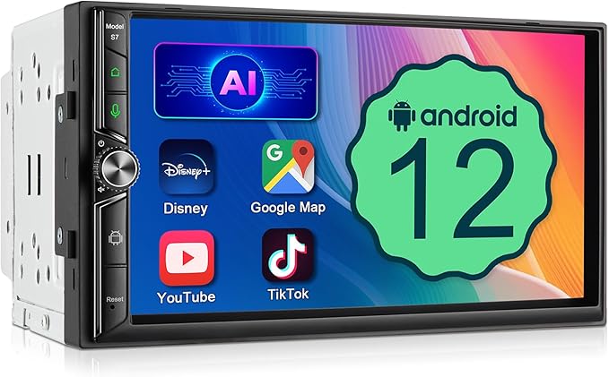 Double Din Car Stereo Wireless Apple CarPlay Android Auto,7 in Android Car Radio Head Unit with QLED Touchscreen, Bluetooth,WiFi, GPS Navigation, FM/USB/SWC/AUX/Subwoofer