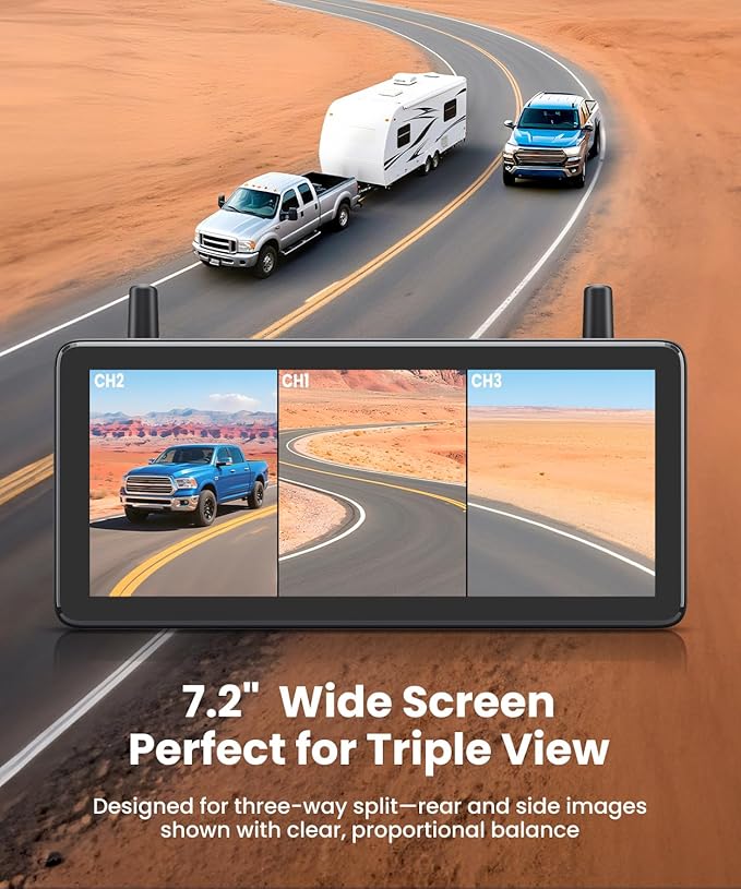 AUTO-VOX Wireless RV Backup Camera: Rear&Side View with 7.2” HD 1080P Triple-Split Screen Monitor, Dual Power USB/Car Charger, DVR Recording, Stable Signal Rear View Camera for Camper, Travel Trailer