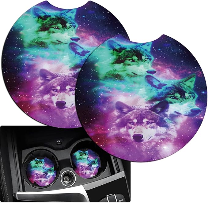 Car Armrest Cover Pads Universal Fashion Cute Auto Center Console Armrest Cover Pad with 2PCS Car Coasters Soft Waterproof Car Armrest Seat Protector for Women, Galaxy Three Wolves
