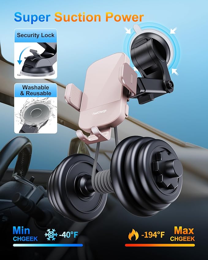 CHGeek Wireless Car Charger, 15W Fast Charging Auto Clamping Car Charger Phone Mount Phone Holder fit for iPhone 15 14 13 12 11 Pro Max Xs, Samsung Galaxy S24 Ultra S23 S22 S21, S20, S10+, Pink