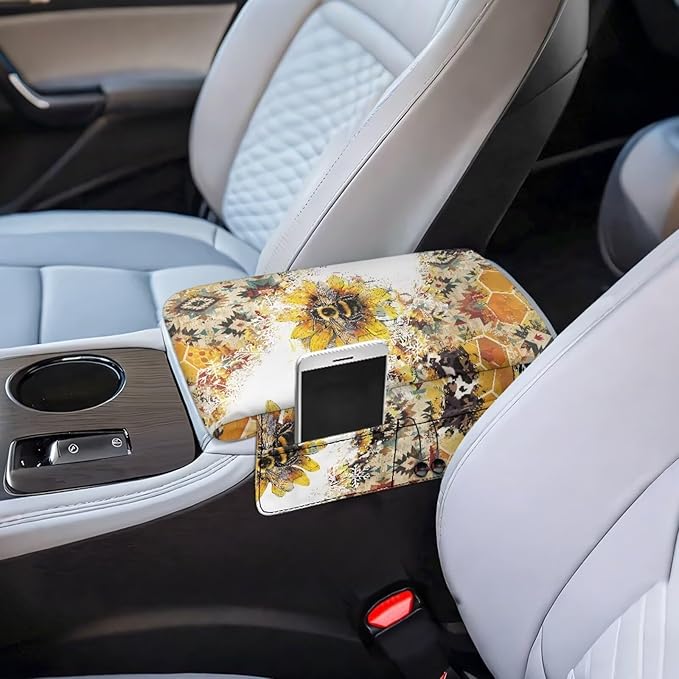 Tupalatus Aztec Car Center Console Cover Water-Resistant Sunflower Universal Arm Rest Cushion Breathable Comfort Armrest Cover with Pockets Easy Installation Fit for Most Cars