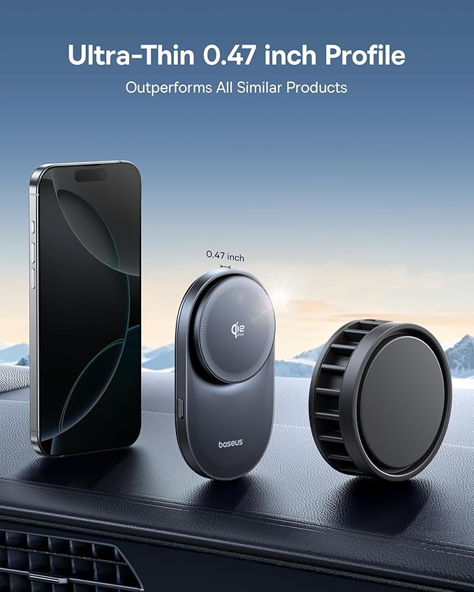 Baseus Qi2.2 Certified 25W for MagSafe Car Mount Charger, Ultra-Thin Fast Charging Wireless Charger Car Phone Holder, 360° Rotatable Magnetic Phone Mount for Car Air Vent, for iPhone 17/16/15/14