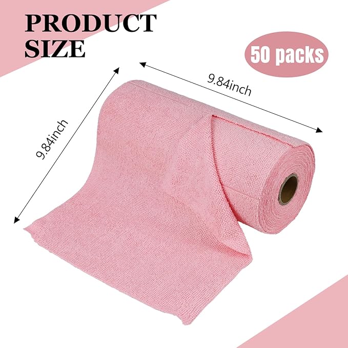 wuyaoyao 50PCS Microfiber Cleaning Cloth Roll, 10"×10" Tear Away Microfiber Towels, Reusable Washable Cloth Paper Towels, Multi-Purpose Cleaning Rags for Car Home Kitchen Garage Shop (Pink)