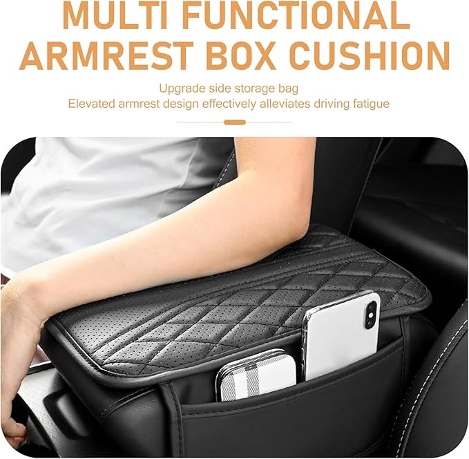 Car Center Console Pad, Leather Car Armrest Box Pad Cover, Vehicle Armrest Protector Cushion with 2 Storage Bags, Universal Arm Rest Pad for Car Interior Accessories Protect (Black)