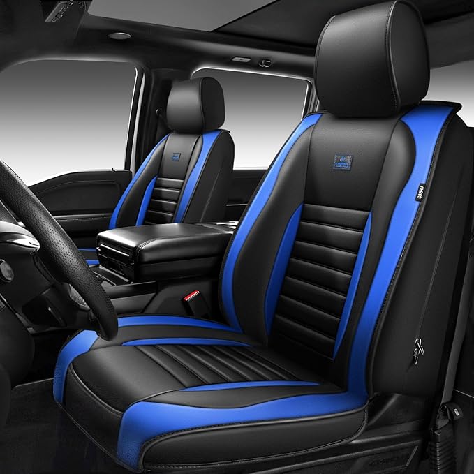 CAR PASS Nappa Leather Car Seat Covers Full Set, Luxury Seat Protector for Cars, Waterproof Anti-Slip Seat Cushion Armrest Compatible Airbag Universal for Sedan SUV Pick-up Truck Auto, Black Blue