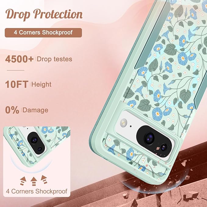 for Google Pixel 8 Case 6.2 Inch - Compatible with MagSafe Women Girls Cute Magnetic Protective Cover Unique Girly Blue Flowers Heavy Duty Shockproof Design for Google Pixel 8 Phone Cases