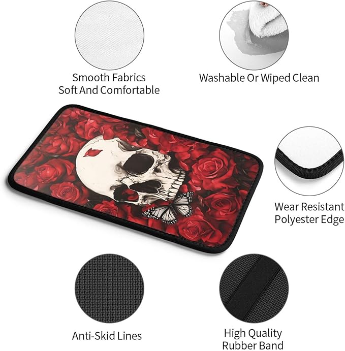 Universal Car Center Console Cushion Pad, Red Rose Skull Butterfly Soft Waterproof Car Center Console Cover Auto Armrest Seat Box Cover Protector for Most Vehicle SUV Truck Car