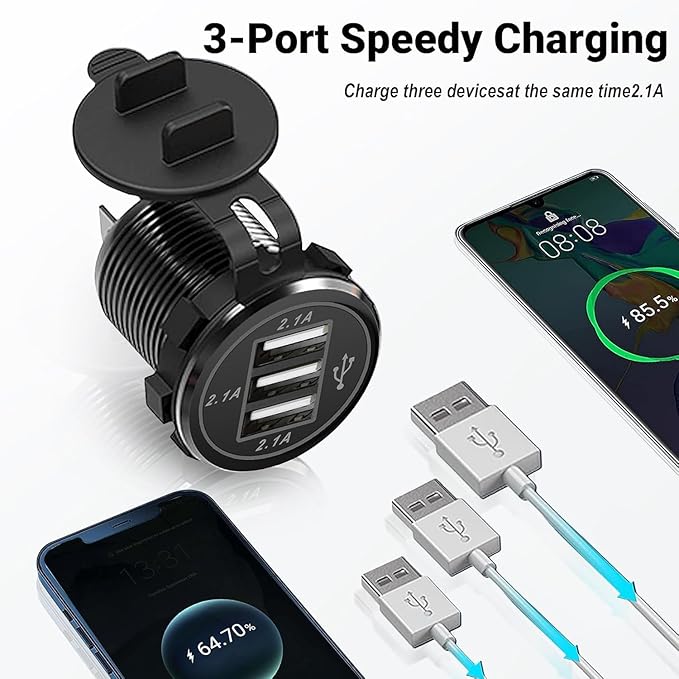 12V USB Outlet, 3 Port Charger Socket 12V/24V Car USB Charger Socket for Car Boat Marine Bus Truck Golf RV Motorcycle and More 1-Pack