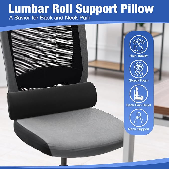 Lumbar Roll Pillows, Lumbar Support Pillow for Office Chair & Car, 15 Inch Pain Relief & Posture Correction Back Support for Office Chair, Car, Bed, Adjustable Strap & Washable Cover