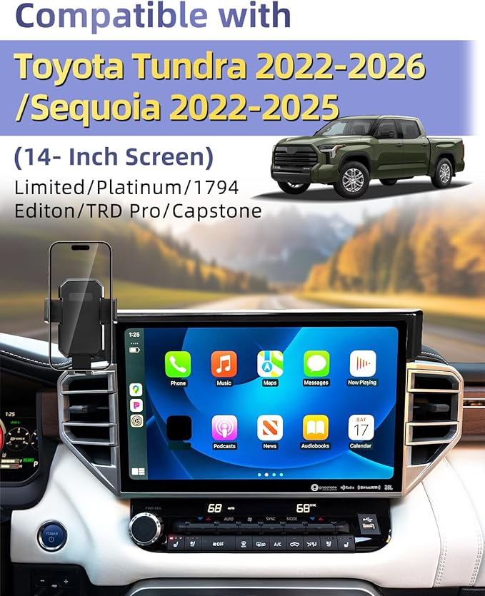 PZK Car Phone Mount for Toyota Tundra 2022-2025 2026 /Sequoia 2023-2026 Limited/Platinum Accessories 14-Inch Screen Car Phone Holder Auto Lock 360° Rotation Hands Free Phone Cradles Not Affect Vent