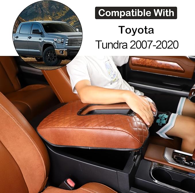 Aunginsy Leather Center Console Armrest Cover Compatible with Toyota Tundra 2014-2021, Car Armrest Pad Seat Box Cover Cushion Lid Anti-Scratch Protector Waterproof Plaid Brown Interior Accessories