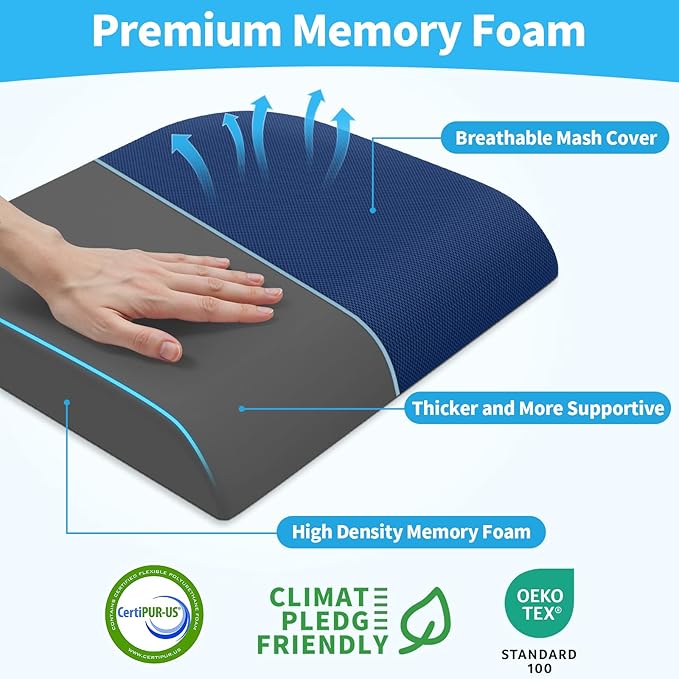 Large Seat Cushion, Memory Foam Cushion for Long Sitting Hours on Office Chair, Home & Car, Non-Slip Chair Pad for Relieving Back & Sciatica & Hip & Coccyx Pain (Blue)