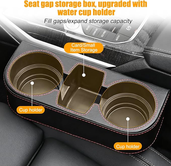 Car Seat Gap Filler Organizer with Cup Holder, Leather Multifunctional Vehicle Front Seat Crevice Storage Box Bag, Automotive Console Side Bucket Pocket, Universal Fit (Black)