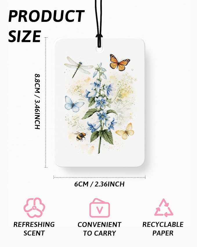Blue Floral Butterfly Car Air Freshener 4 Pcs Coconut Scented, Cute Car Accessories Mirror Decor for Women, Cottagecore Flower Aesthetic Hanging Air Freshener for Cars Closet Drawer Books