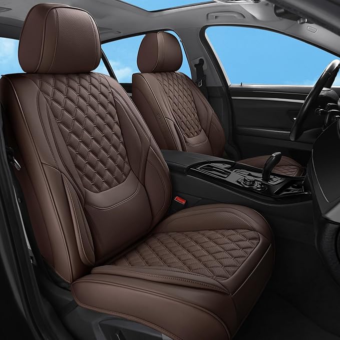 Car Seat Covers Front Seats Brown, Luxury Faux Leather Car Seat Cover Waterproof Non-Slip Protector Universal Fit for Most Cars SUVs Trucks Pick-ups,Car Accessories Interior(Brown-Front Seats)