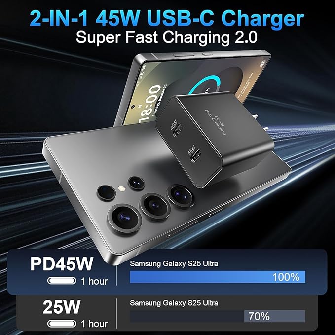 45W Super Fast Charger Type C for Samsung S26 S25 S24,3Pack 45W Dual Port USB C Fast Phone Charger Block & 6/10/10FT Type C Charging Cord for Samsung Galaxy S26 S25 Ultra/S23/S22,Android,iPhone 17
