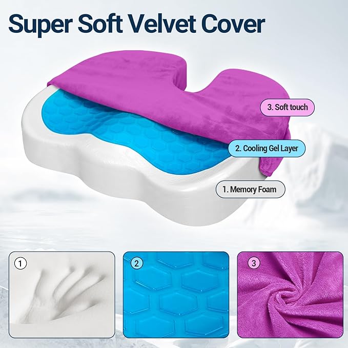 Season Guard Tailbone Pain Relief Office Chair Seat Cushion, Memory Foam Gel Seat Cushion for Sciatica Pain Relief with Washable Cover, Butt Cushion for Long Sitting, Velvet, Purple