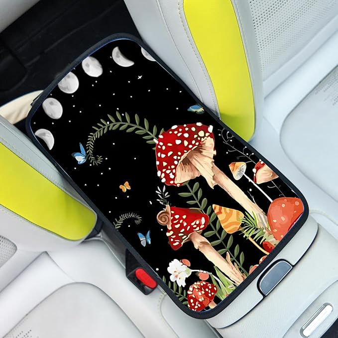 Red Mushroom Auto Center Console Pad,Soft Waterproof Car Center Console Cover Auto Armrest Seat Box Cover Protector for Most Vehicle SUV Truck Car