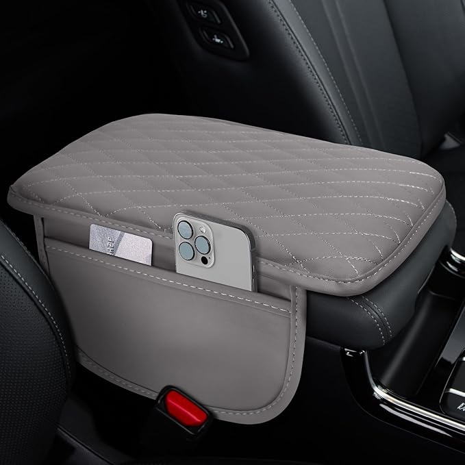 Car Center Console Cover, 12"×7.87" Waterproof Leather Auto Armrest Cover Protector with 2 Pocket, Comfortable Arm Rest Box Cushion Pad, Universal Interior Car Accessories (Gray)