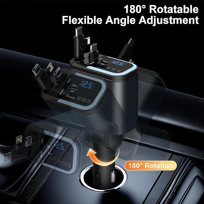5-in-1 120W 30-Minutes Fast Flash Charging Retractable Car Charger, Wireless Bluetooth FM Transmitter, Type-C+USB-A Car Charger Adapter, Compatible with iPhone 17/16/15/14/13 Pro Max & Android Devices