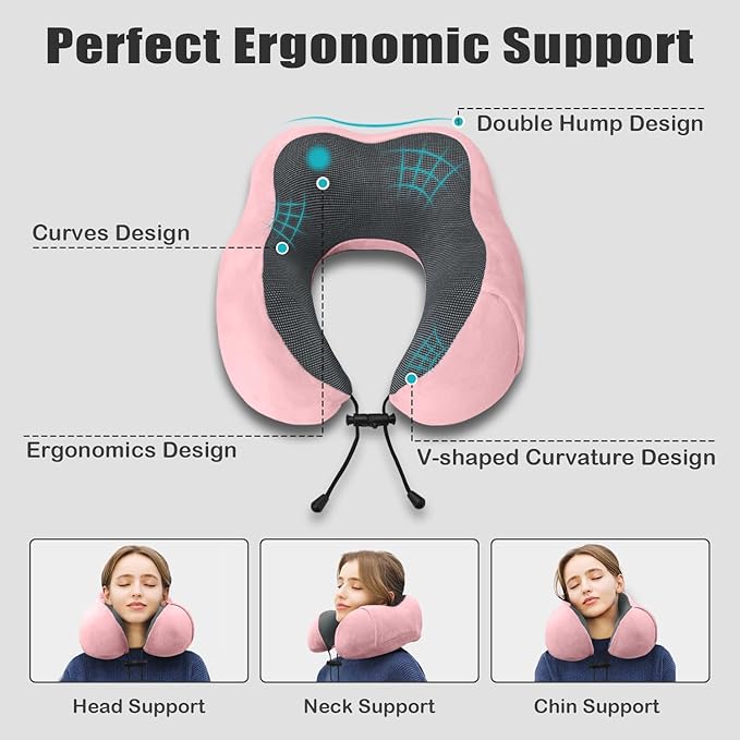 Travel Pillow, Memory Foam Neck Pillow for Traveling, U Shape Neck Pillow Airplane Portable Flight Pillow Travel Kit with 4D Contoured Eye Masks and Earplug for Plane Train Car Home Office - Pink