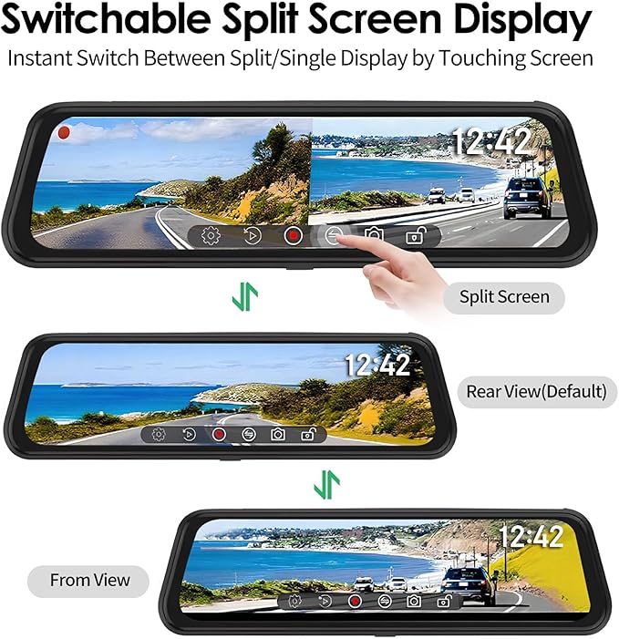 BY-J 9.66" 4K Mirror Dash Cam Front and Rear, Backup Camera for Cars, Full Touch Screen Rear View Mirror Camera, Smart Driving Assistant, Loop Recording Streaming Media