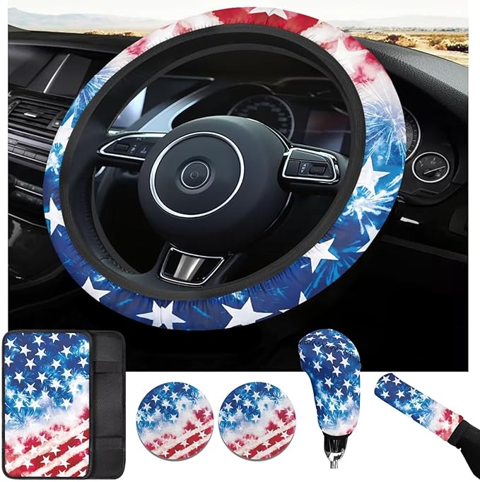 America Flag Print Car Steering Wheel Cover Independence Day Car Accessories Handbrake Cover Cup Coaster Auto Interiors Decor for Men Women 6pcs