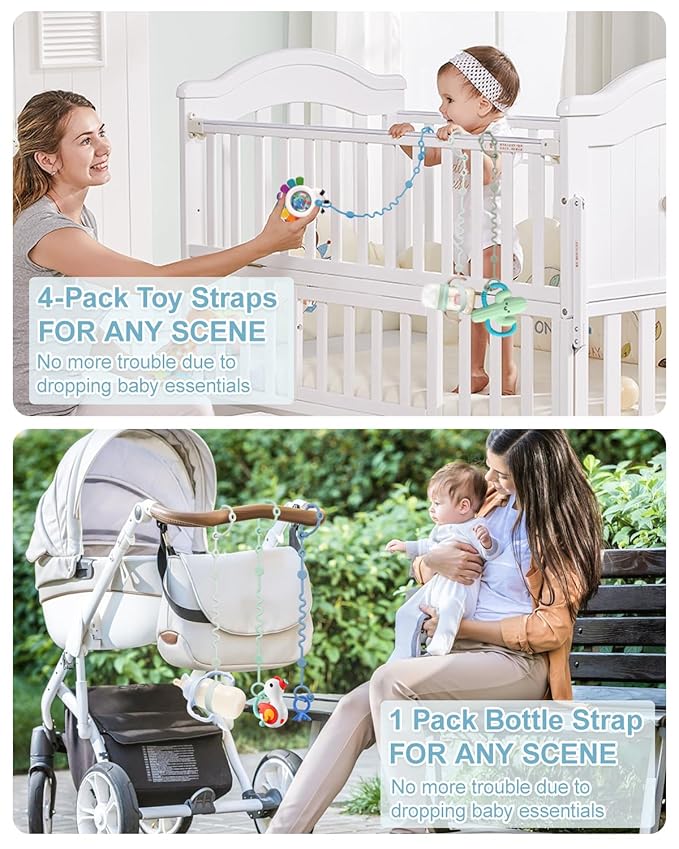 LittleHugs Toy Straps for Stroller, Silicone Baby Tether Pacifier Clip, No Throw Travel Leash for High Chair, Car Seat (Boy-3 Pack)