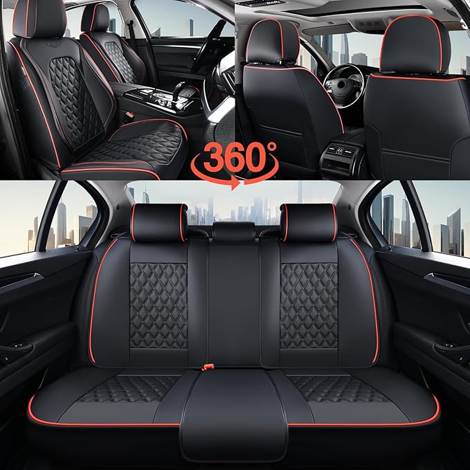 Coverado Full Set Car Seat Covers, Luxury Faux Leather Waterproof Seat Covers, 5-Seat Universal Fit, Front & Back Car Seat Protectors,Leather Seat Covers for Most Cars-Black & Red Line