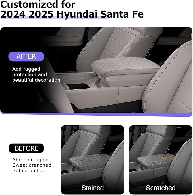 Center Console Cover Compatible with 2024 2025 2026 Hyundai Santa Fe Accessories Santa Fe Armrest Cover 2025 2026 Santa Fe SE/SEL/XRT/Limited/Calligraphy Armrest Console Cover Soft Leather(Thick Gray)
