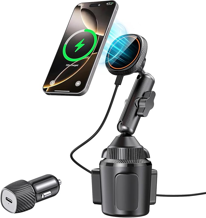 EXELIQ for Qi2 15W Magsafe Car Mount Charger, Car Cup Holder Wireless Car Phone Charger Heat Dissipation Fan, Fast Charging Magnetic Phone Holder for iPhone 17 16 15 14 13 12 [PD 30W Adapter]