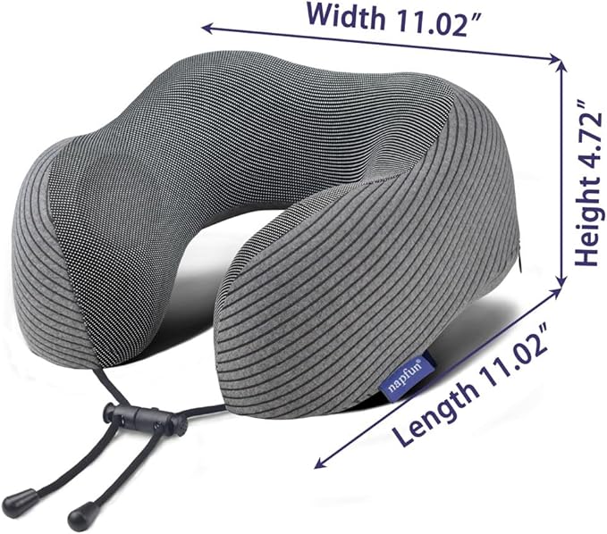 napfun Neck Pillow for Traveling, Upgraded Travel Neck Pillow for Airplane 100% Pure Memory Foam Travel Pillow for Flight Headrest Sleep, Portable Plane Accessories, Dark Gray Striped Kit