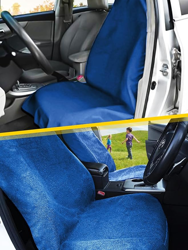 ZIMABLUE 1PC Waterproof Towel Car Seat Cover - 525g Heavy Duty 3-Layer Microfiber Sweat Protector for Bucket Seats - Non-Slip Machine Washable Universal Fit for Gym, Yoga, Beach, Pets & Outdoors-Blue