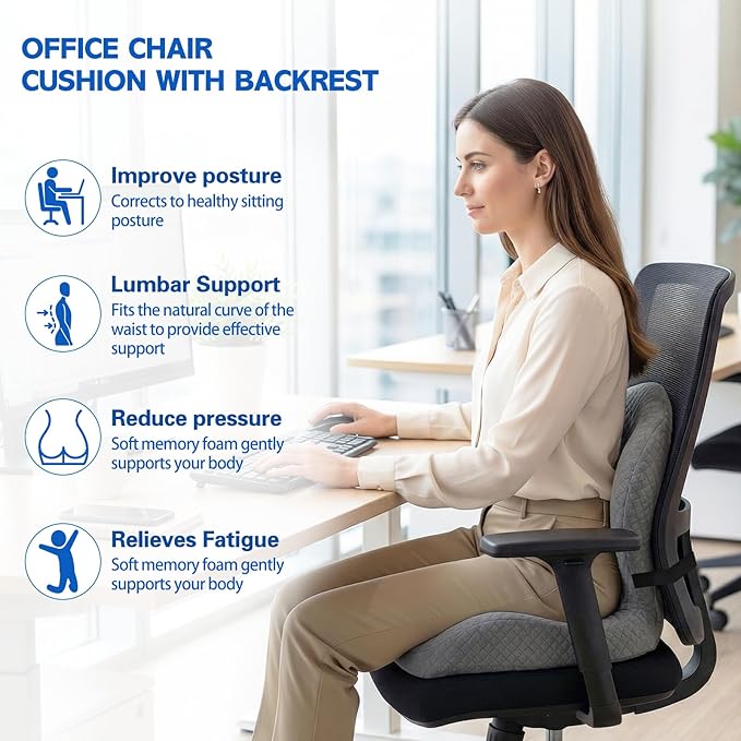 Office Chair Cushion for Tailbone & Back Pain Relief, Strong Lumbar Support Ergonomic Cushions, Comfortable Memory Foam Cushion for Pain Relief, Suitable for Office Chairs, Home Chairs, Car