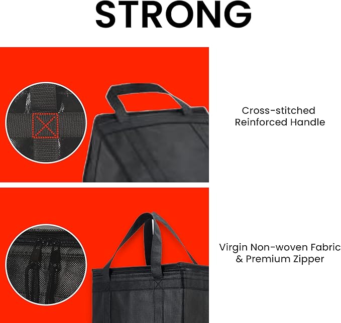 NZ home Insulated Bags for Food Delivery (Medium) Grocery Shopping Cooler Bag, Pizza Delivery, Hot & Cold Catering Tote, Reusable, Foldable & Heavy Duty (2 Pack, Black)