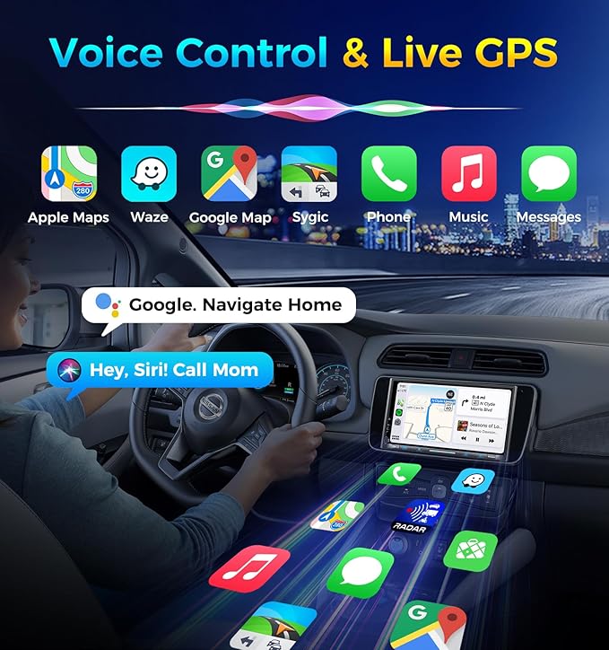 PLZ 7" Wireless Double Din Car Stereo Apple Carplay Radio QLED Screen for Car, Android Auto, Bluetooth 5.3, Fast Charger, 1080P Backup Camera, 4.2 Channel Outputs 240W, 2 Subwoofer